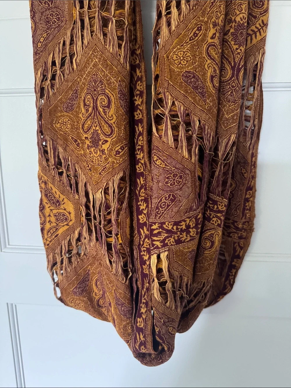 Boho Fringe Paisley Wrap Scarf in Rust and Mustard